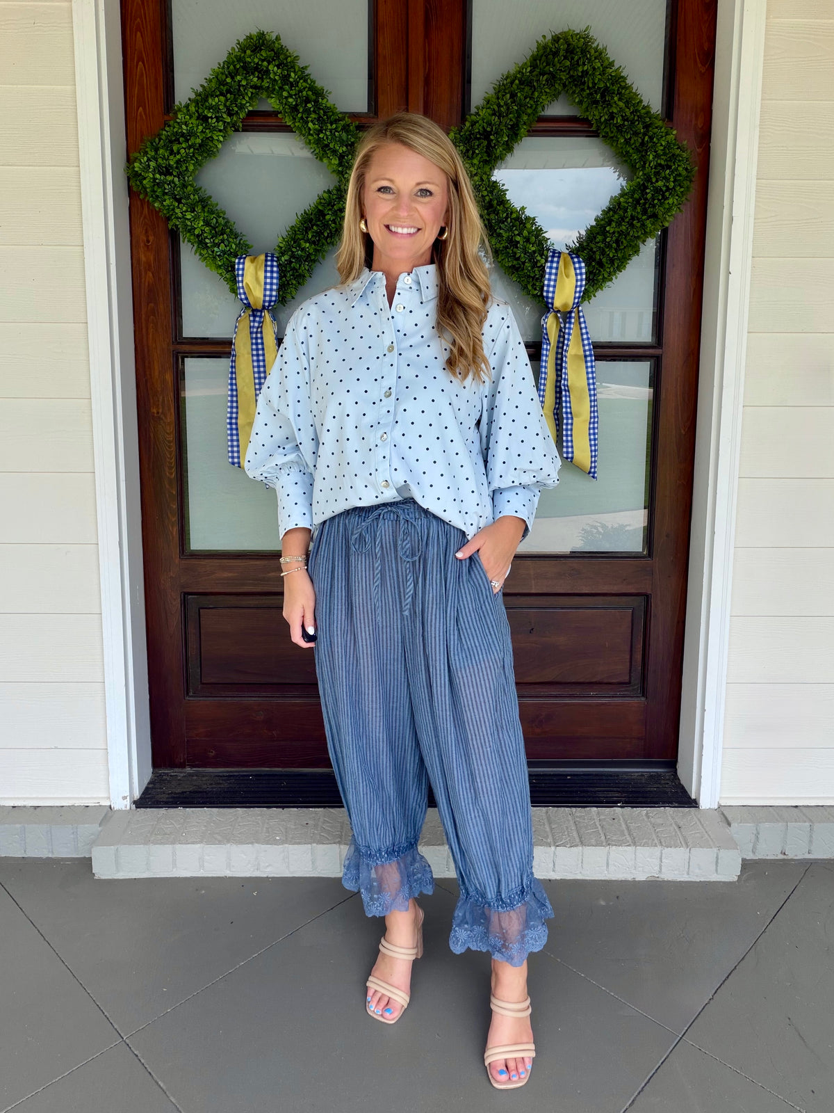 Polka Dot Button Down 3/4 Sleeve Top - Blue