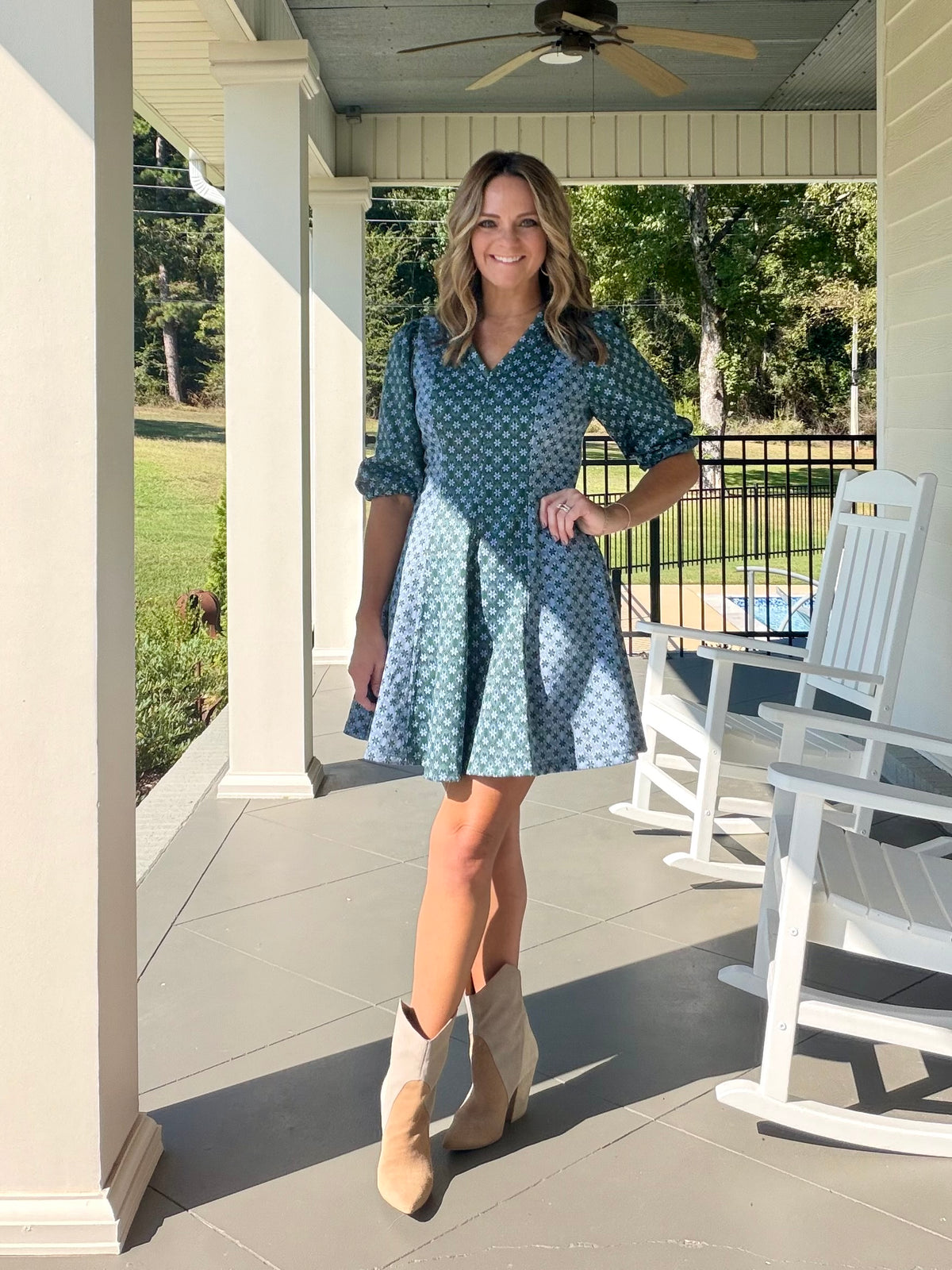 Color Contrast Floral Printed Knit Dress - Blues