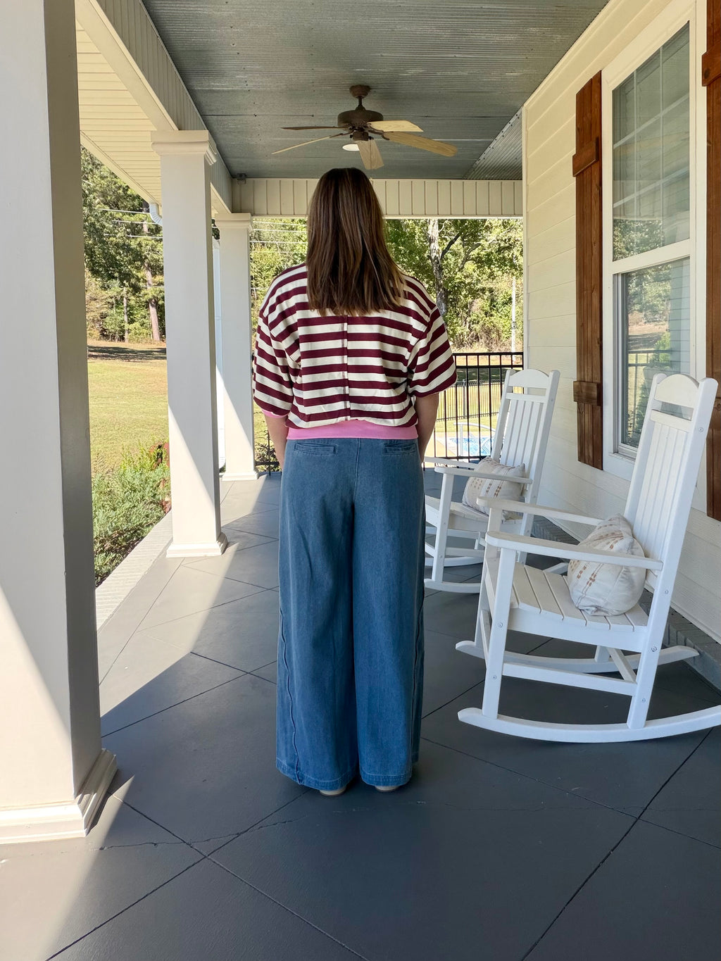 Striped sweatshirt round neck bubble sleeve top - Burgundy/Pink