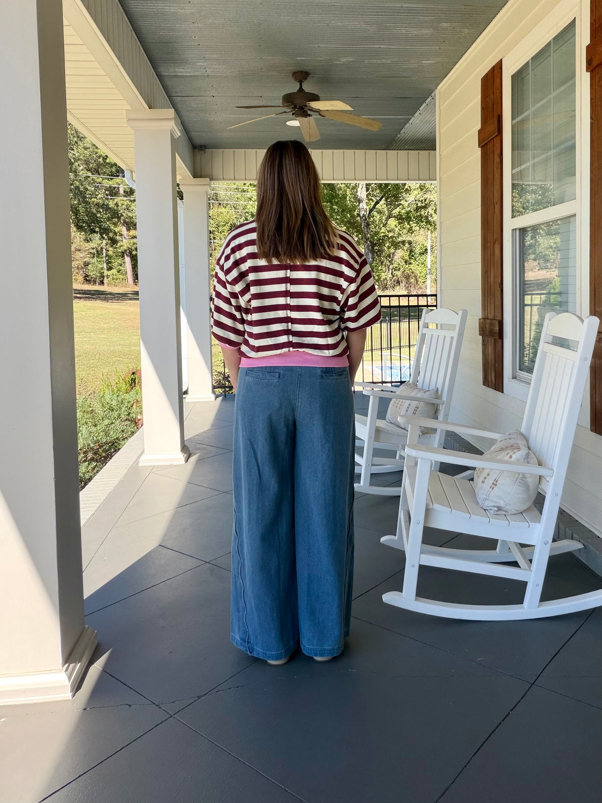 Striped sweatshirt round neck bubble sleeve top - Burgundy/Pink