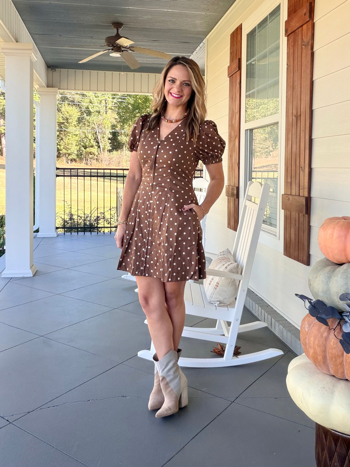 Short sleeve polka dot zip up dress - Brown