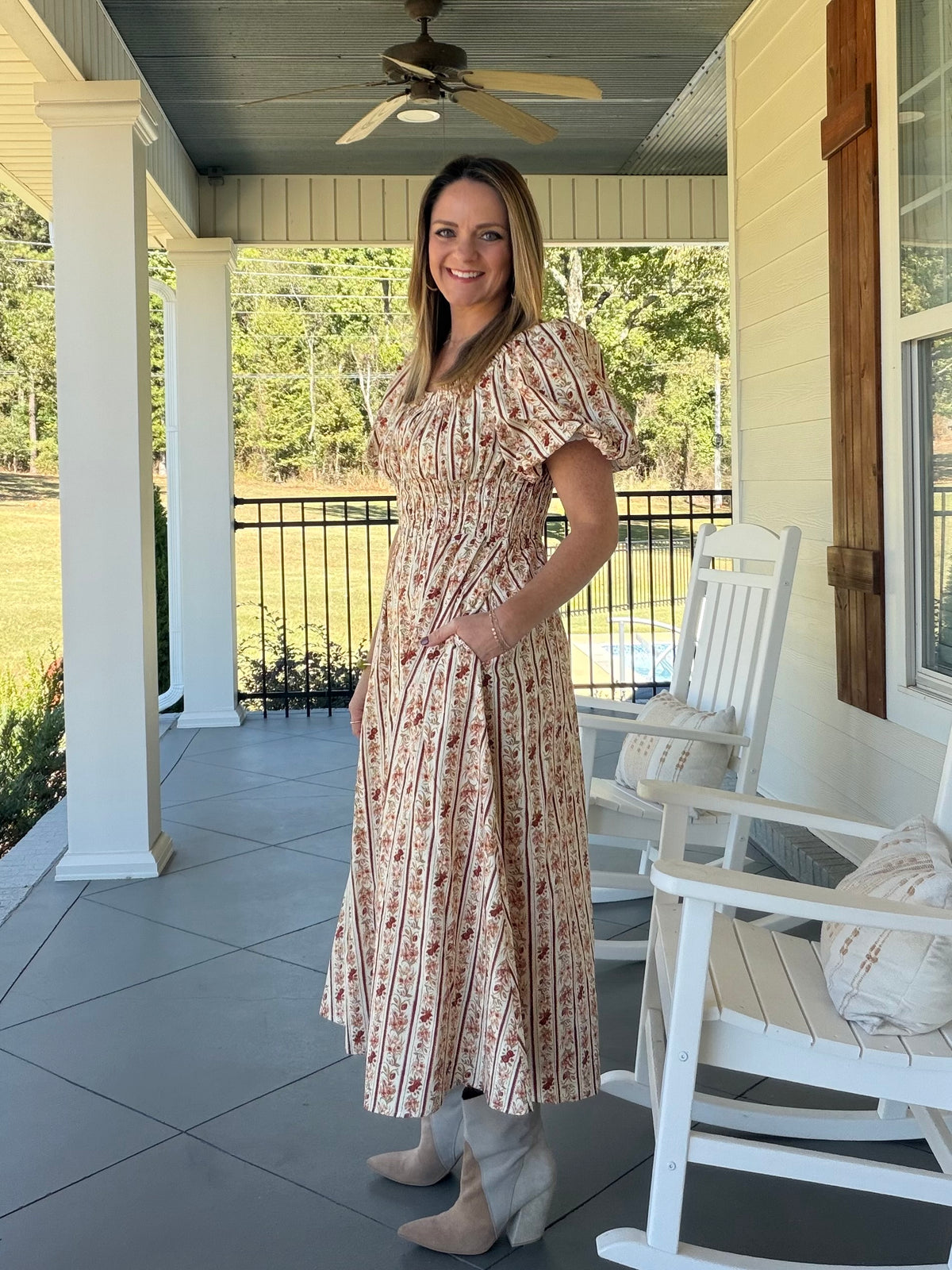 Printed short puff sleeve midi dress - Ecru