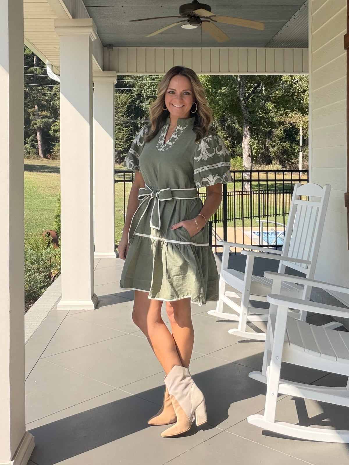 Embroidered Tiered Dress with TIe -Ash Olive