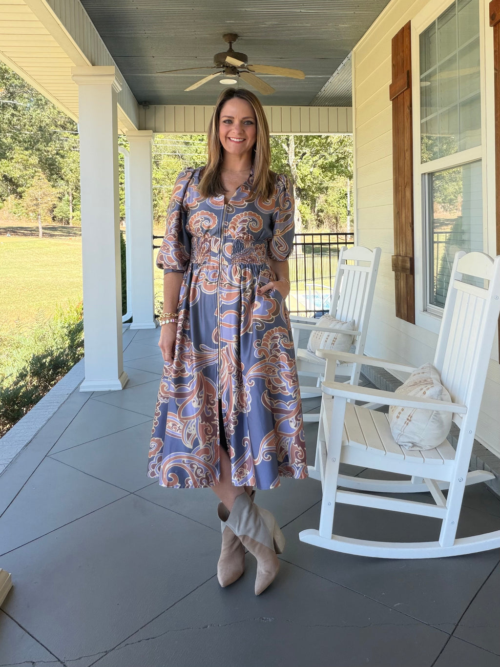 Printed satin V neck midi dress - Slate Mix