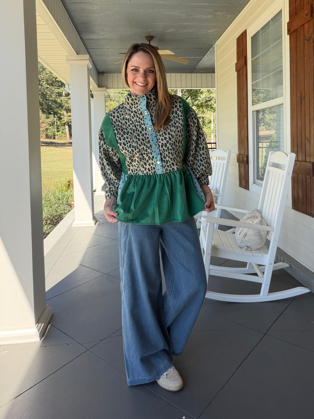 Multi Print Mixed Snap Button Down Peplum Top