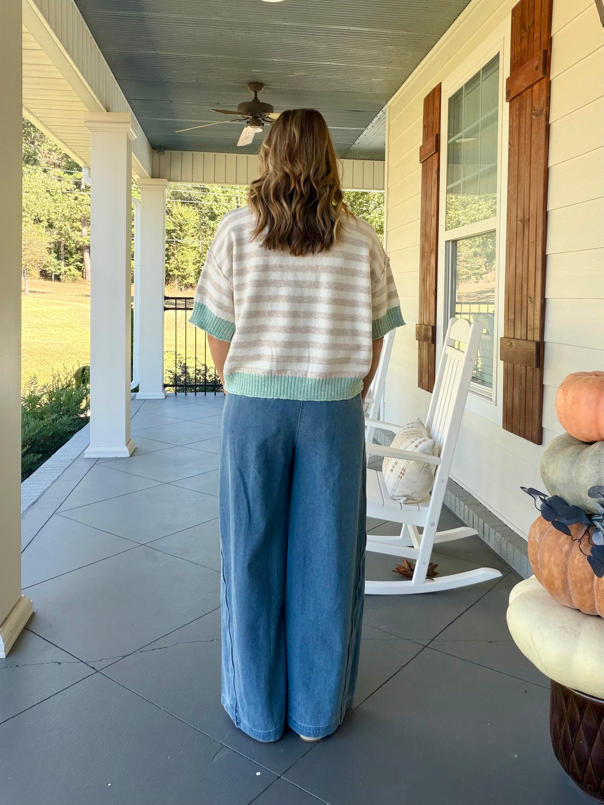 Stripe Short Sleeve Sweater Top - Oatmeal/Mint