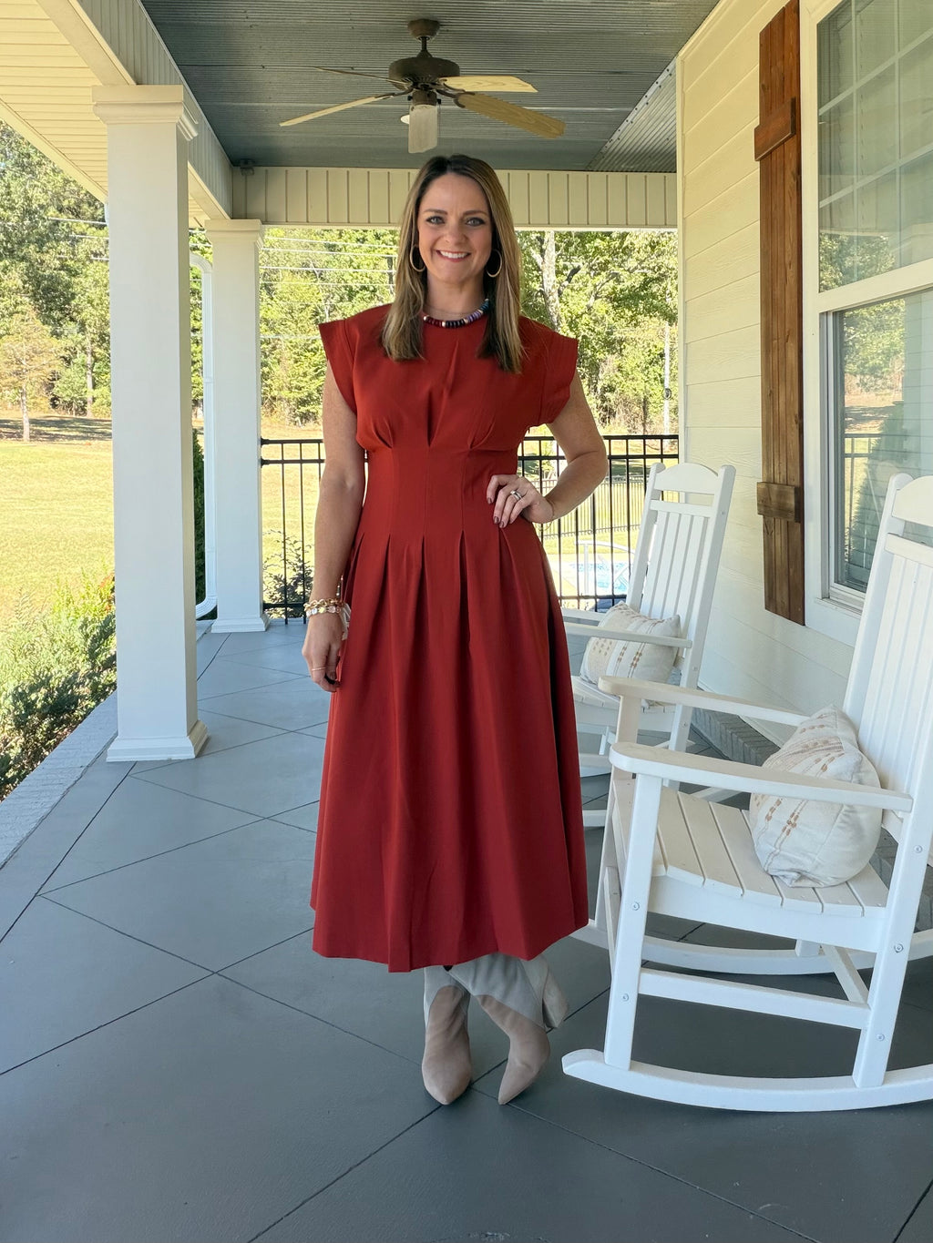 Pleated detail midi dress - Rust