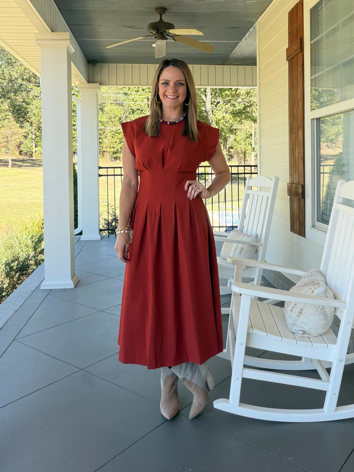 Pleated detail midi dress - Rust