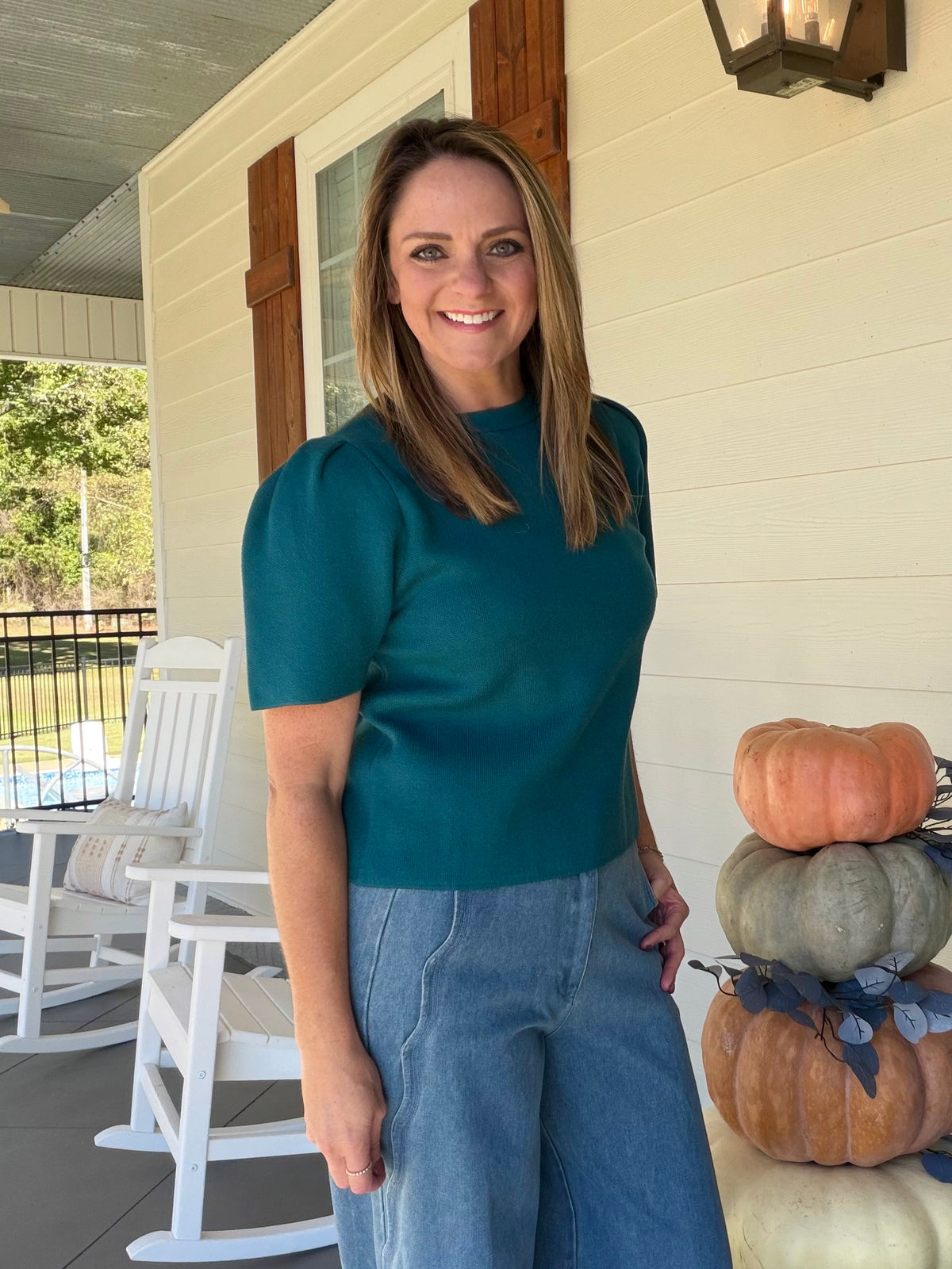 Puff sleeve solid knit top - Teal