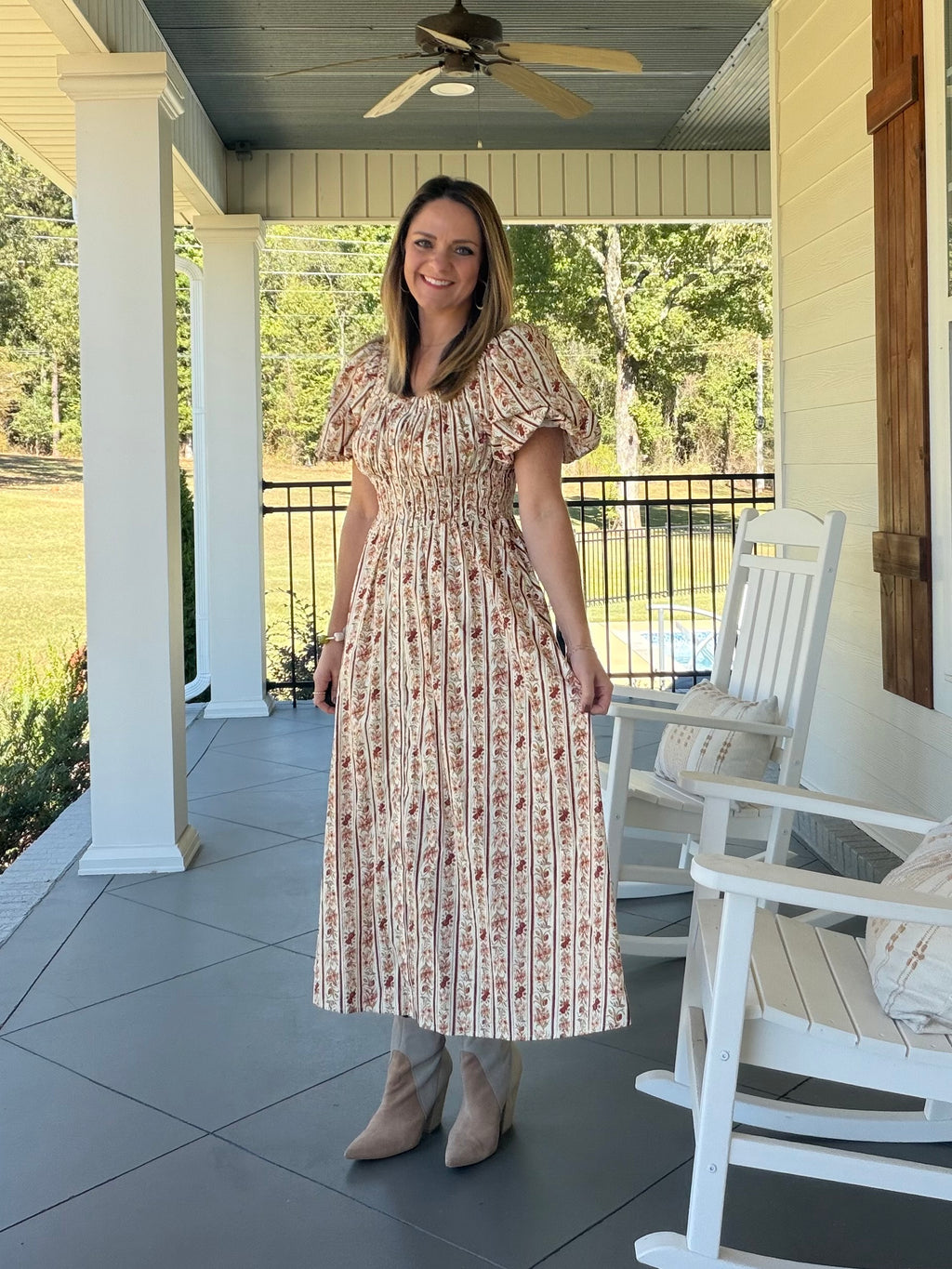 Printed short puff sleeve midi dress - Ecru