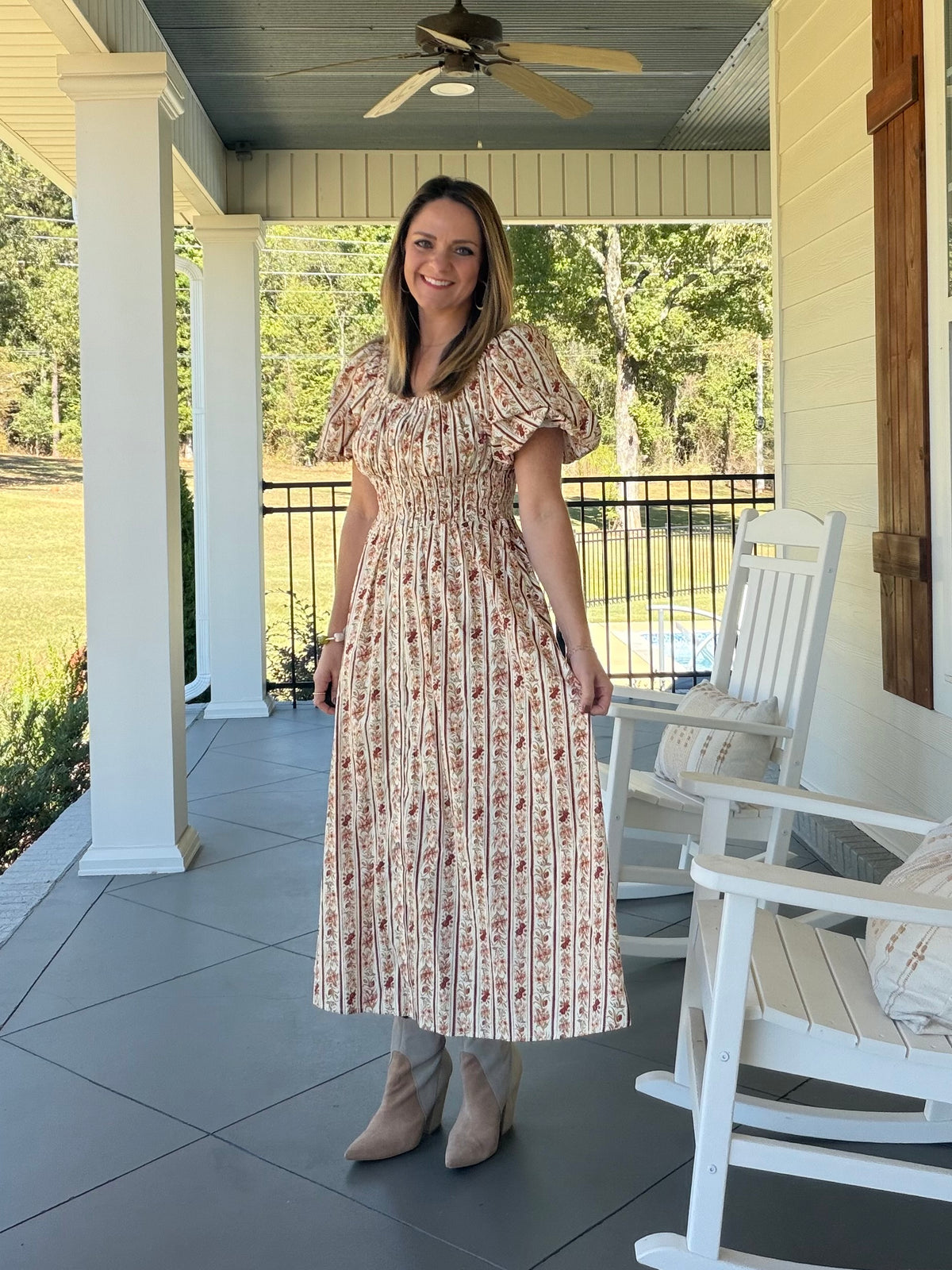 Printed short puff sleeve midi dress - Ecru
