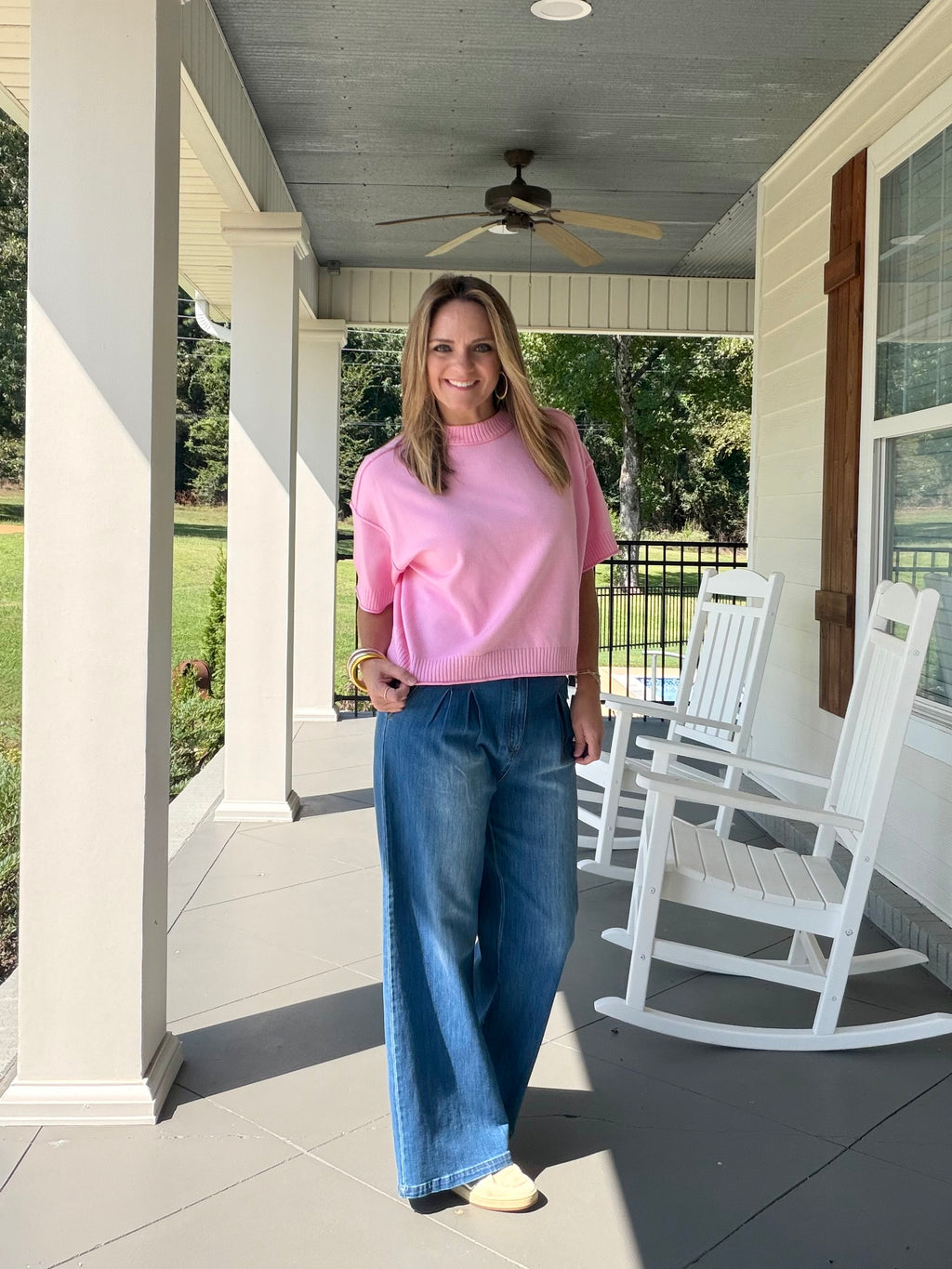 Crew neck elbow length sleeve sweater top - Pink