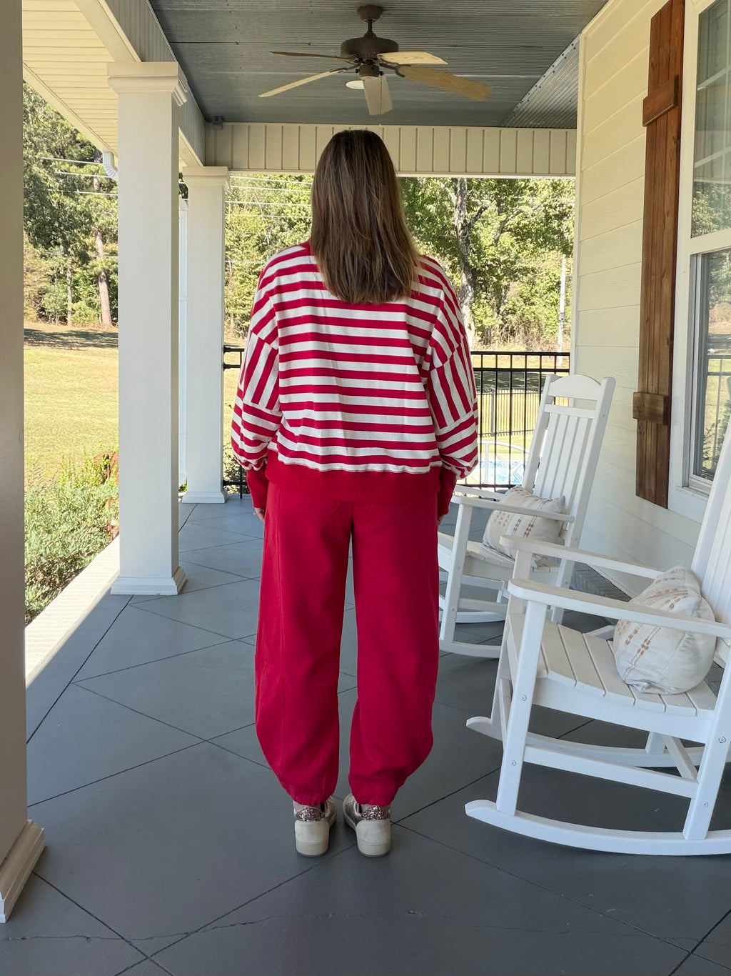Striped V-neck long sleeve knit top - Red/White