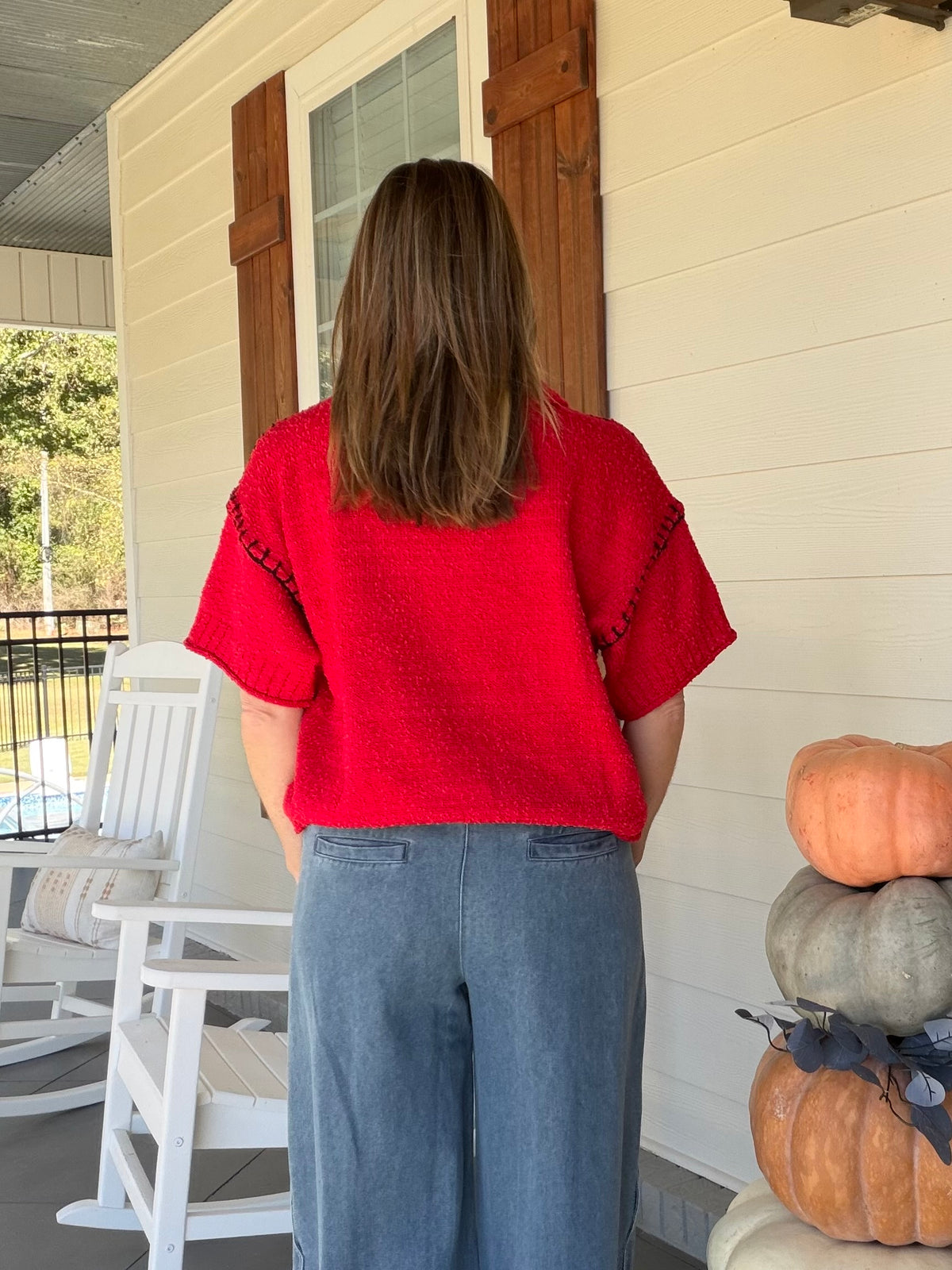 Short sleeve sweater with stitching details - Red
