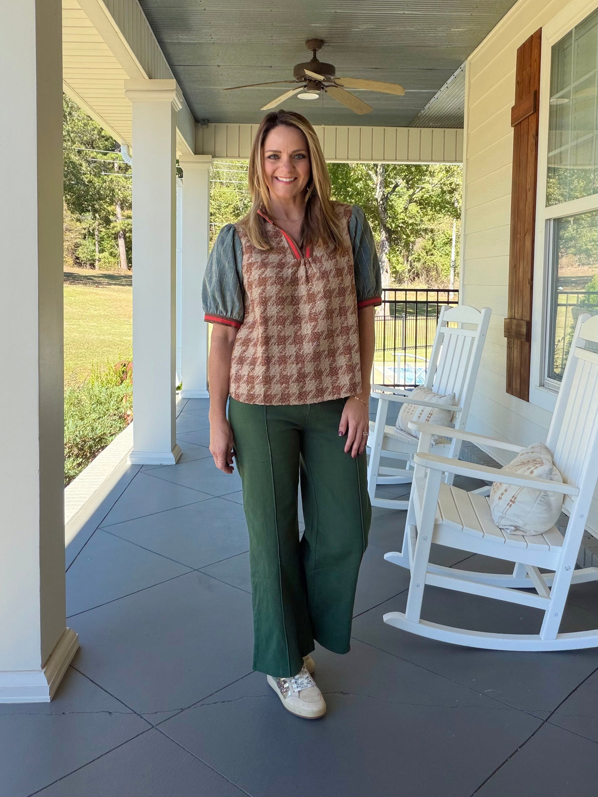 Stripe Denim Sleeve Houndstooth Tweed Top