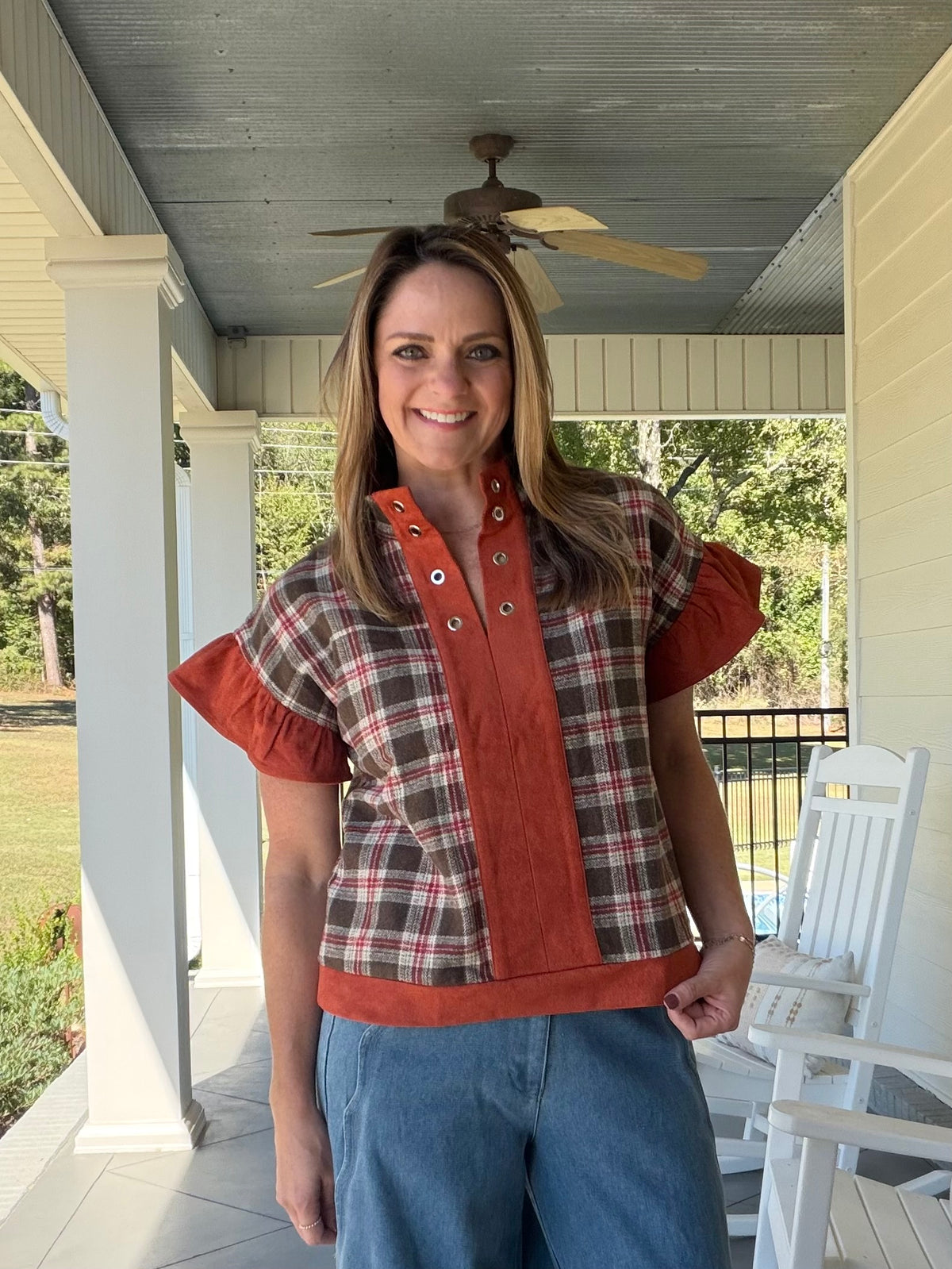Solid Suede with Contrast Plaid Top - Rust