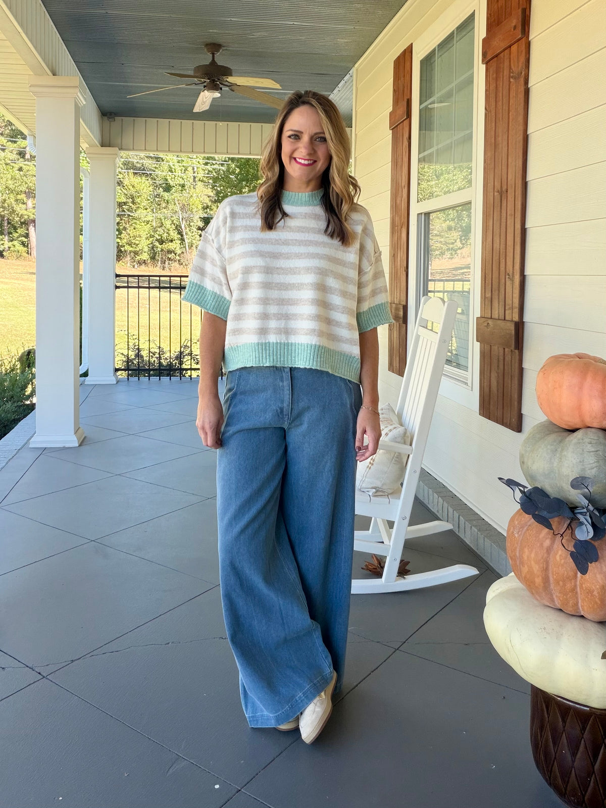 Stripe Short Sleeve Sweater Top - Oatmeal/Mint