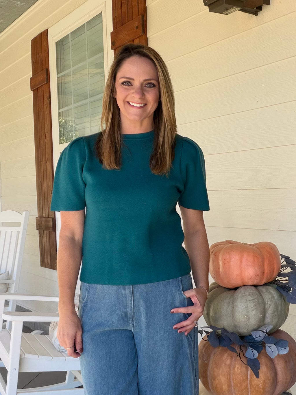 Puff sleeve solid knit top - Teal