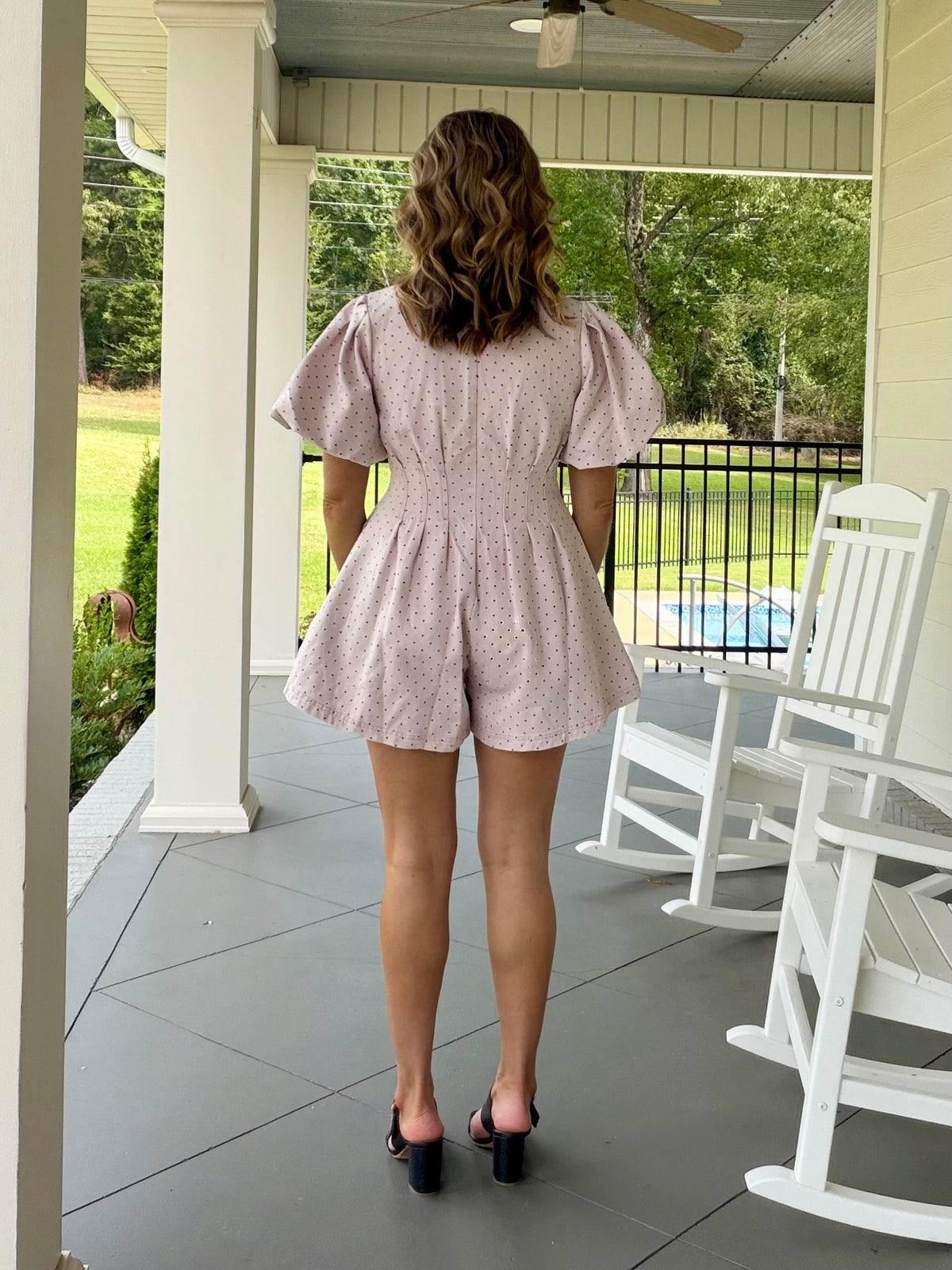 TAKE ME FOR A RIDE ROMPER - DUSTY PINK/BLACK DOT
