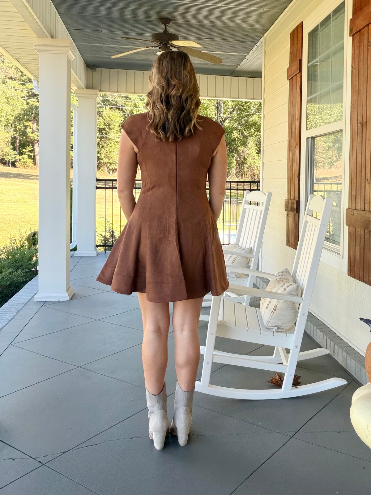 Faux suede seam detail dress - Camel