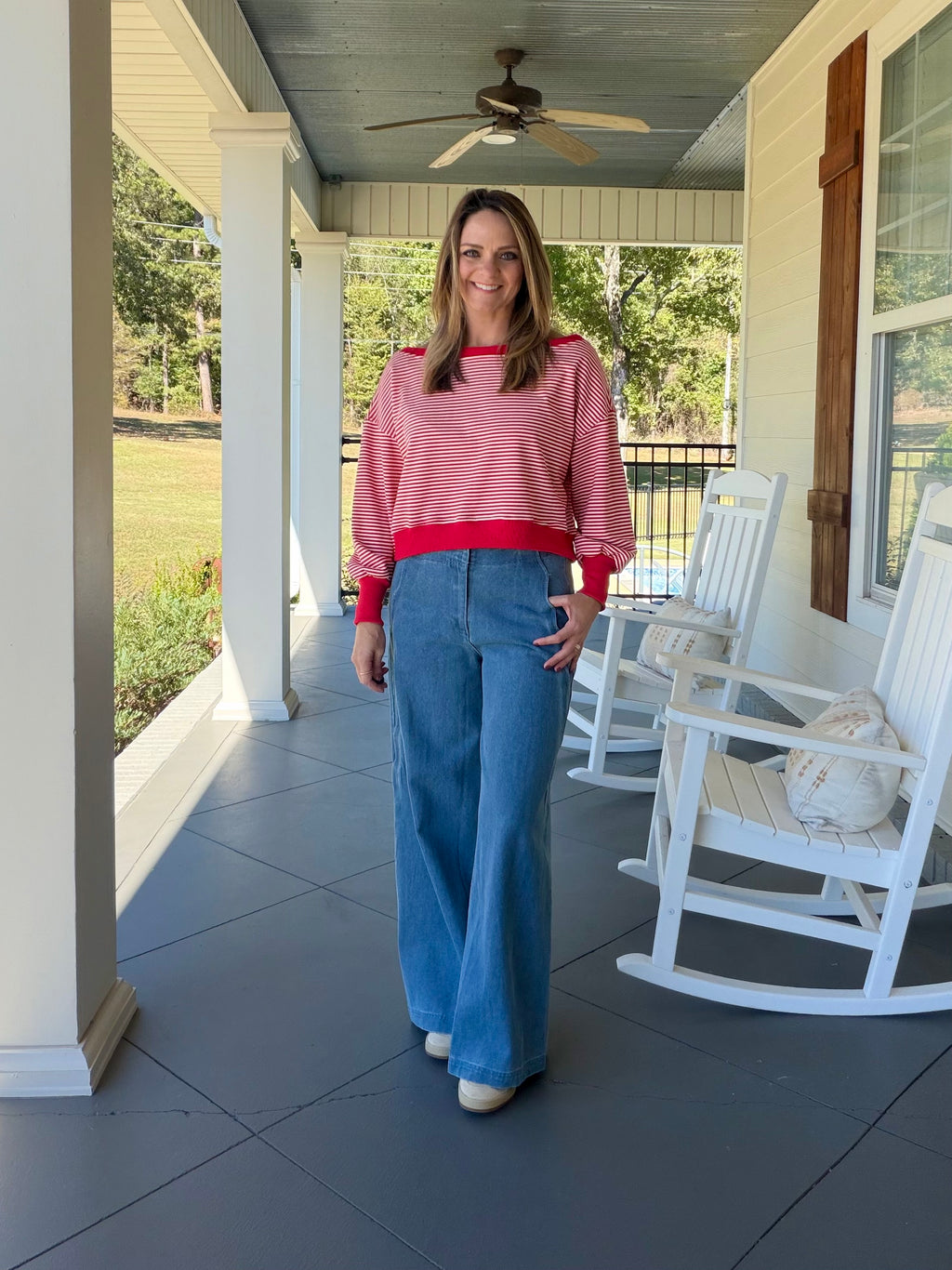 Striped Boat Neck Sweatshirt - Red/White