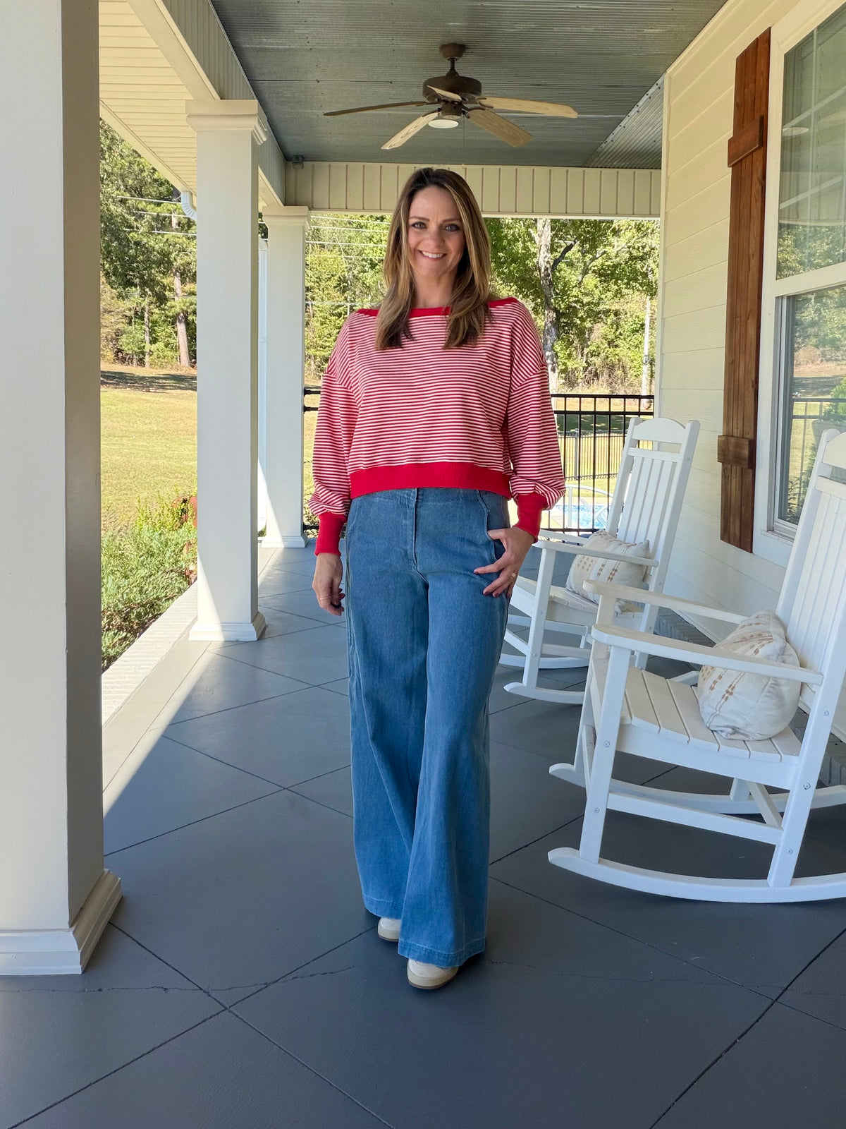 Striped Boat Neck Sweatshirt - Red/White