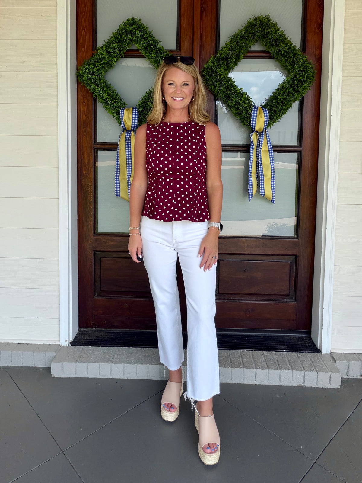 Polka Dot Peplum Denim Top - Maroon