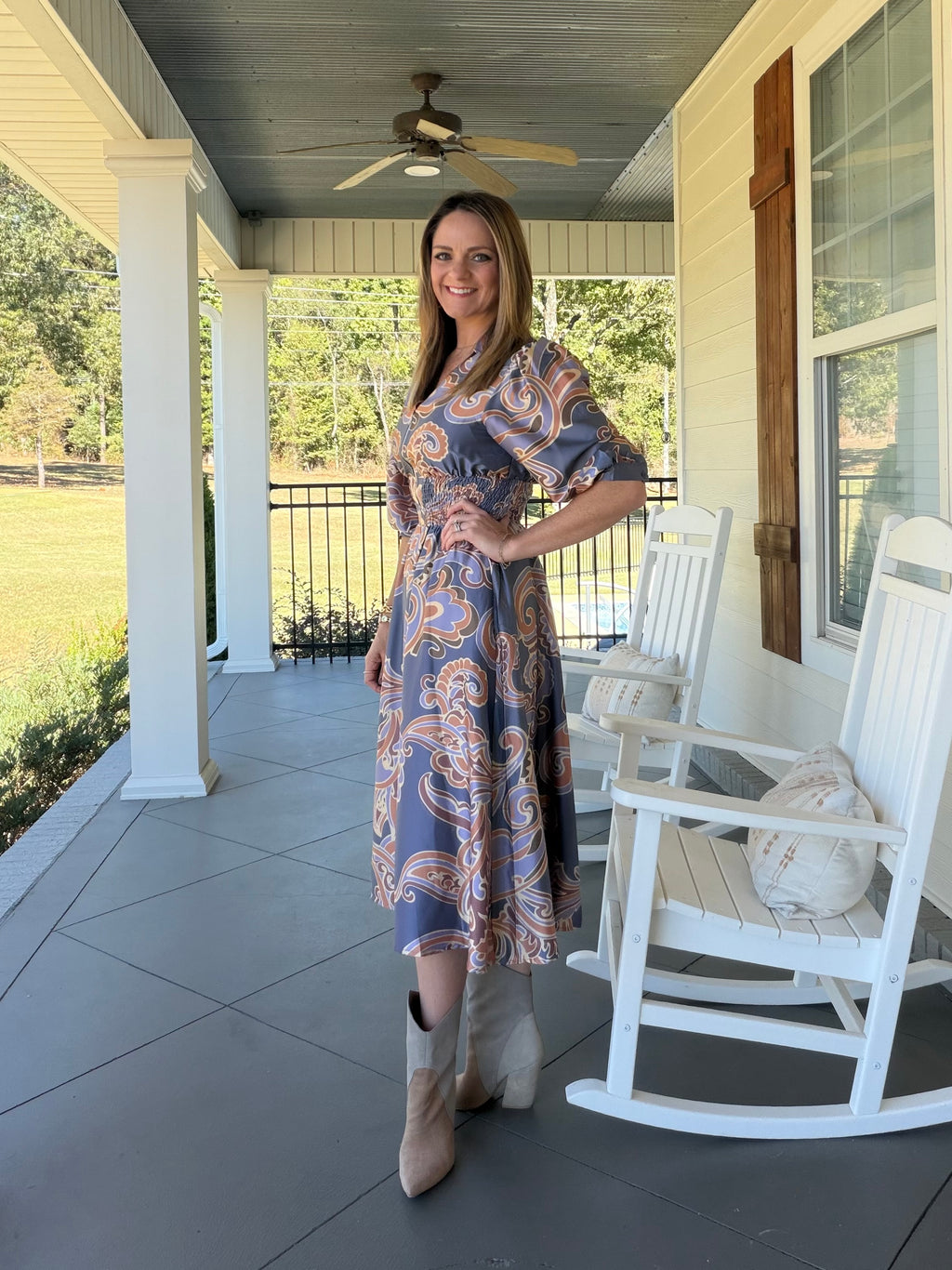 Printed satin V neck midi dress - Slate Mix