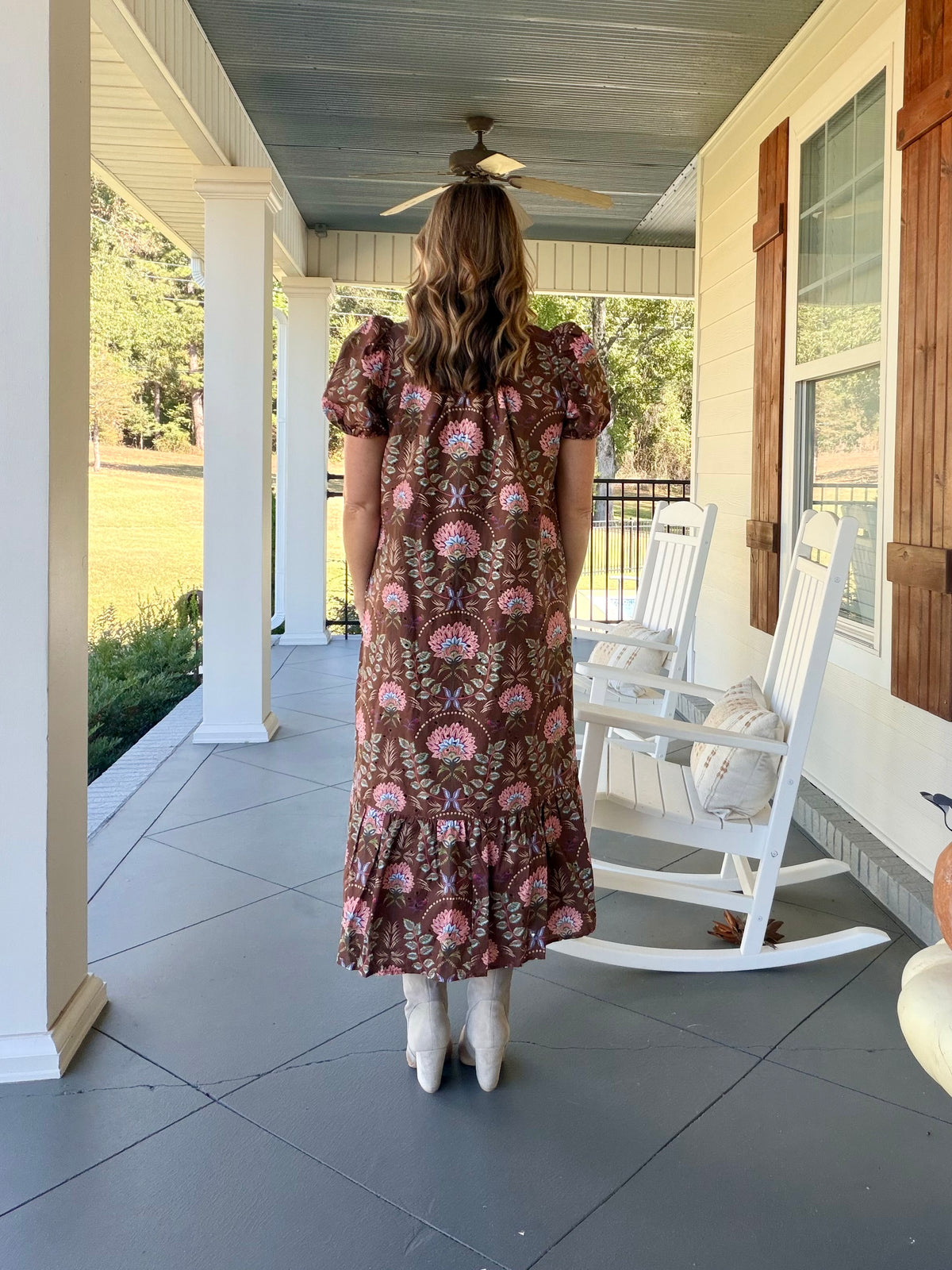 Floral print short puff sleeve midi dress - Brown