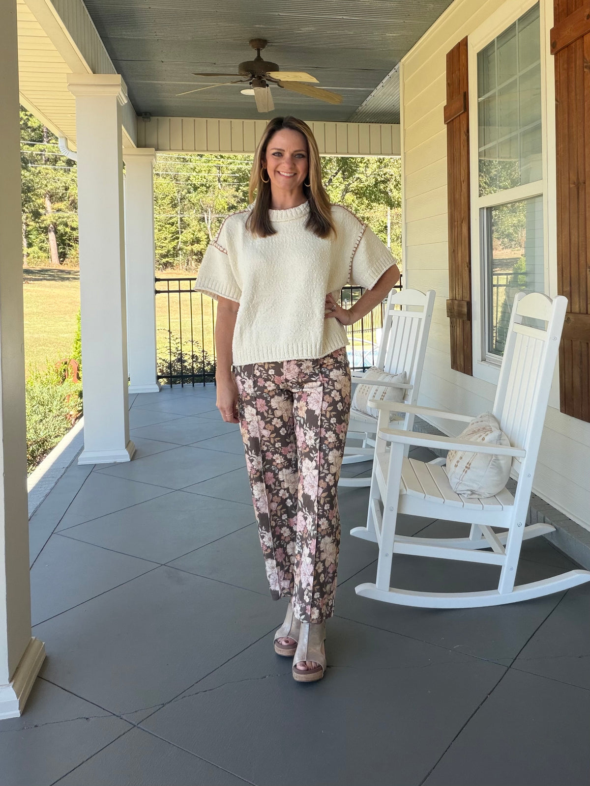 Short sleeve sweater with stitching details - Ivory