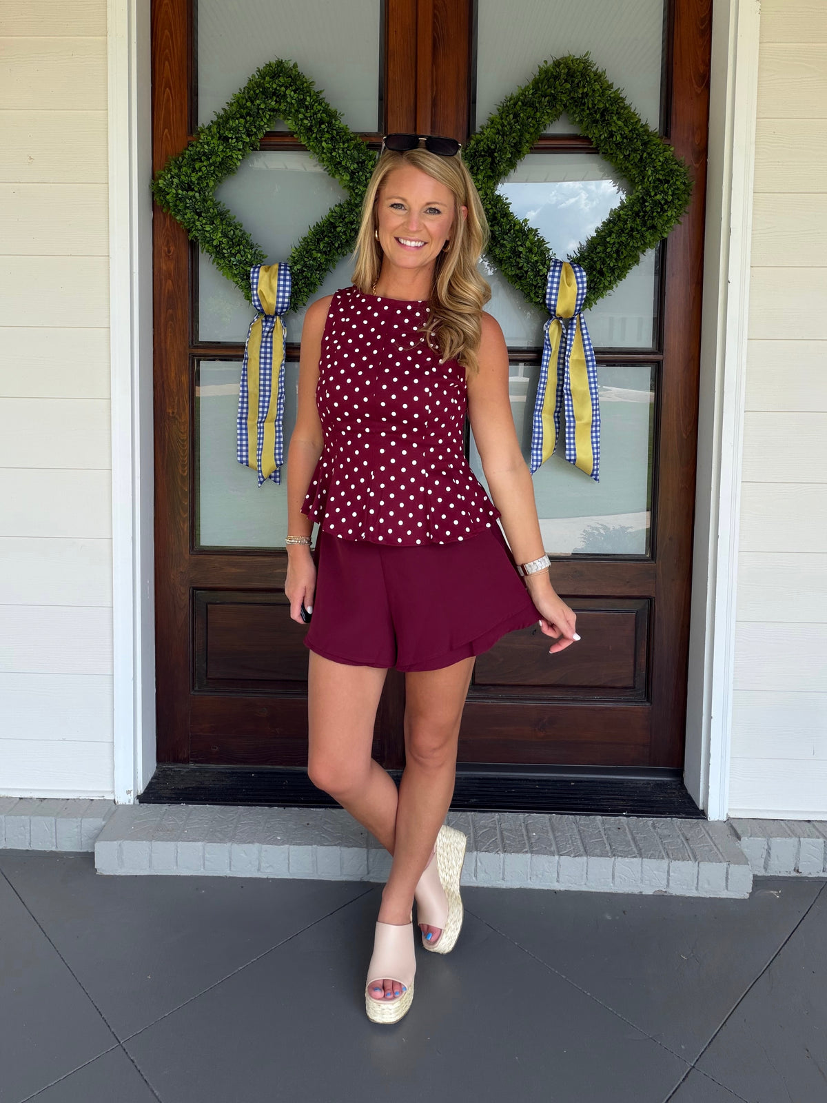 Polka Dot Peplum Denim Top - Maroon