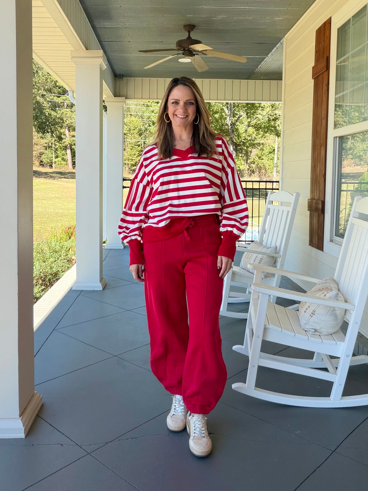 Striped V-neck long sleeve knit top - Red/White