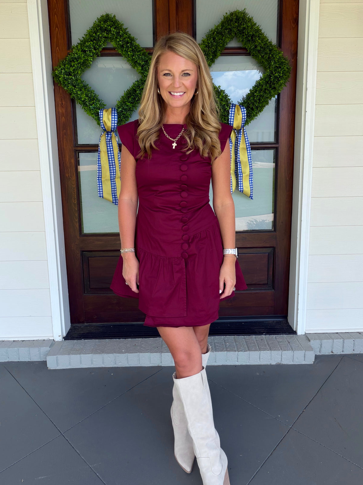 Button Detail Drop Waist Dress - Maroon