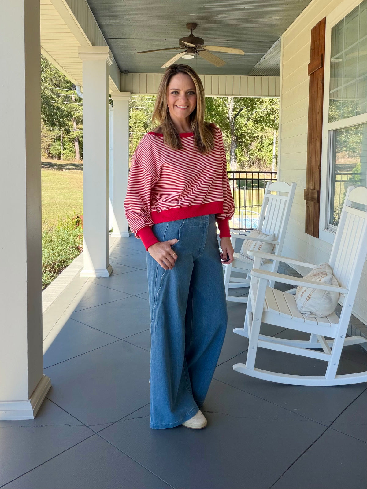 Striped Boat Neck Sweatshirt - Red/White