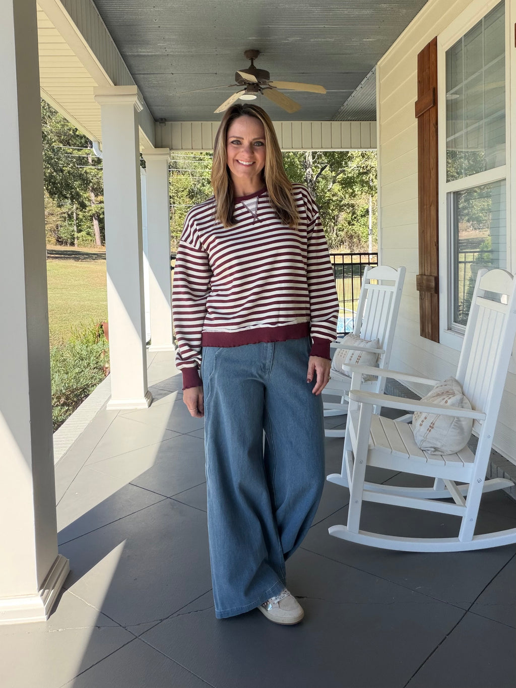 Stripe French Terry Casual Sweatshirt - Maroon/Ivory