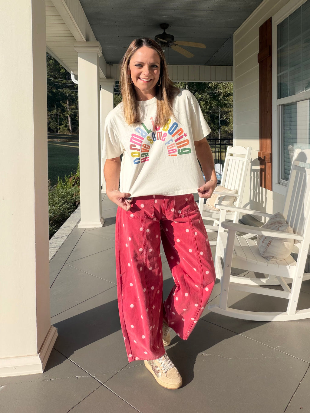 Polka dot printed denim barrel jean - Red
