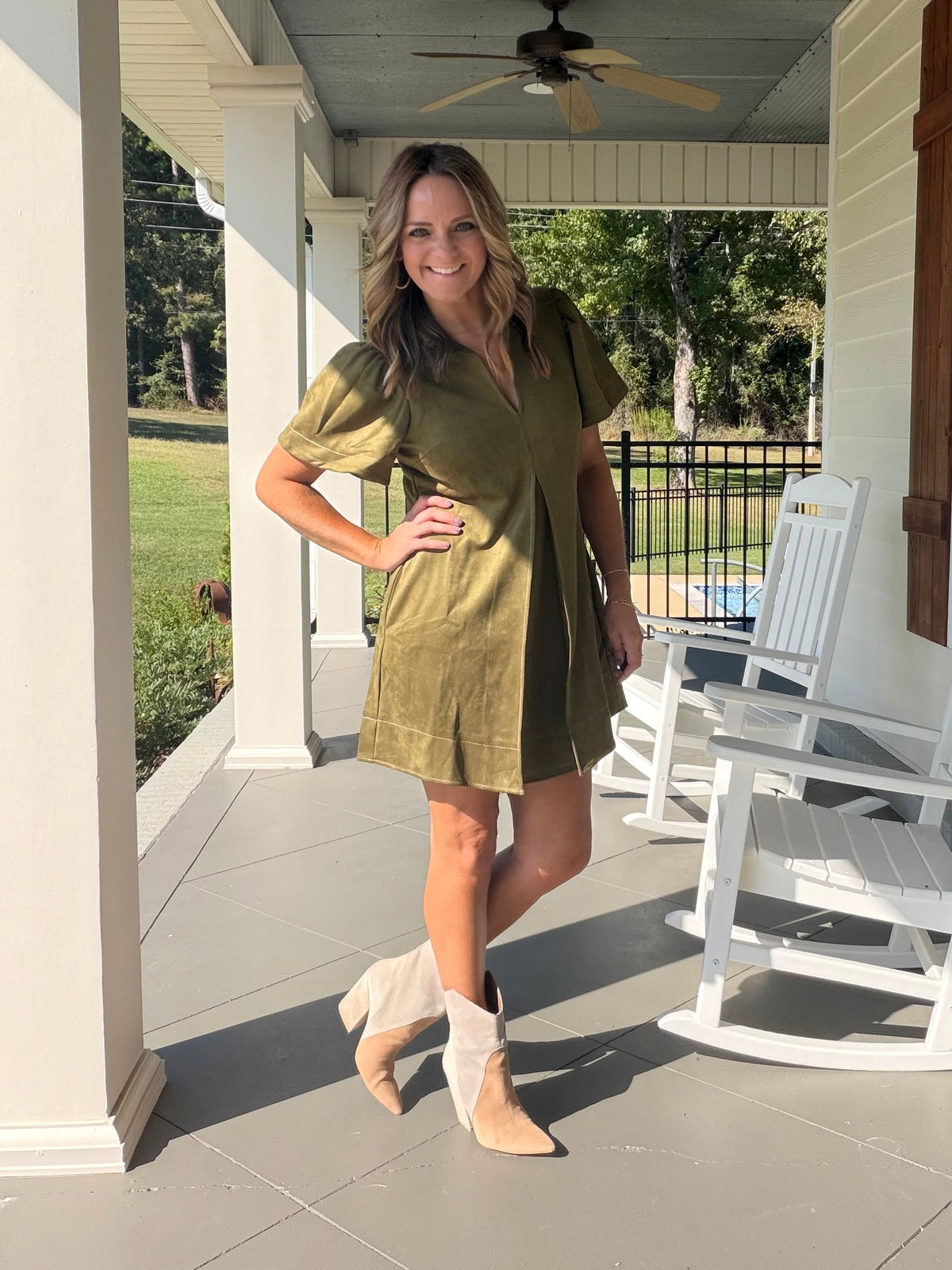 Collar V-neck front pleated suede-like Dress - Olive