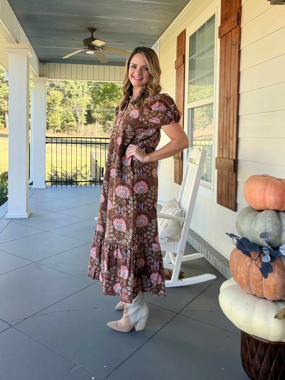 Floral print short puff sleeve midi dress - Brown
