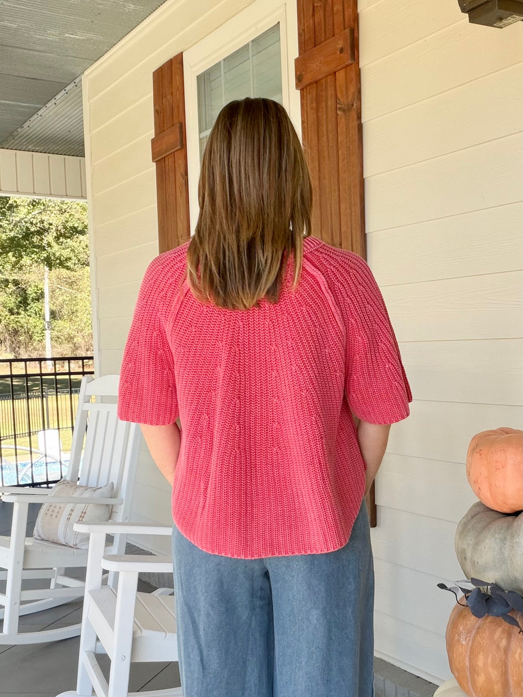 Textured knit short sleeve sweater top - Red