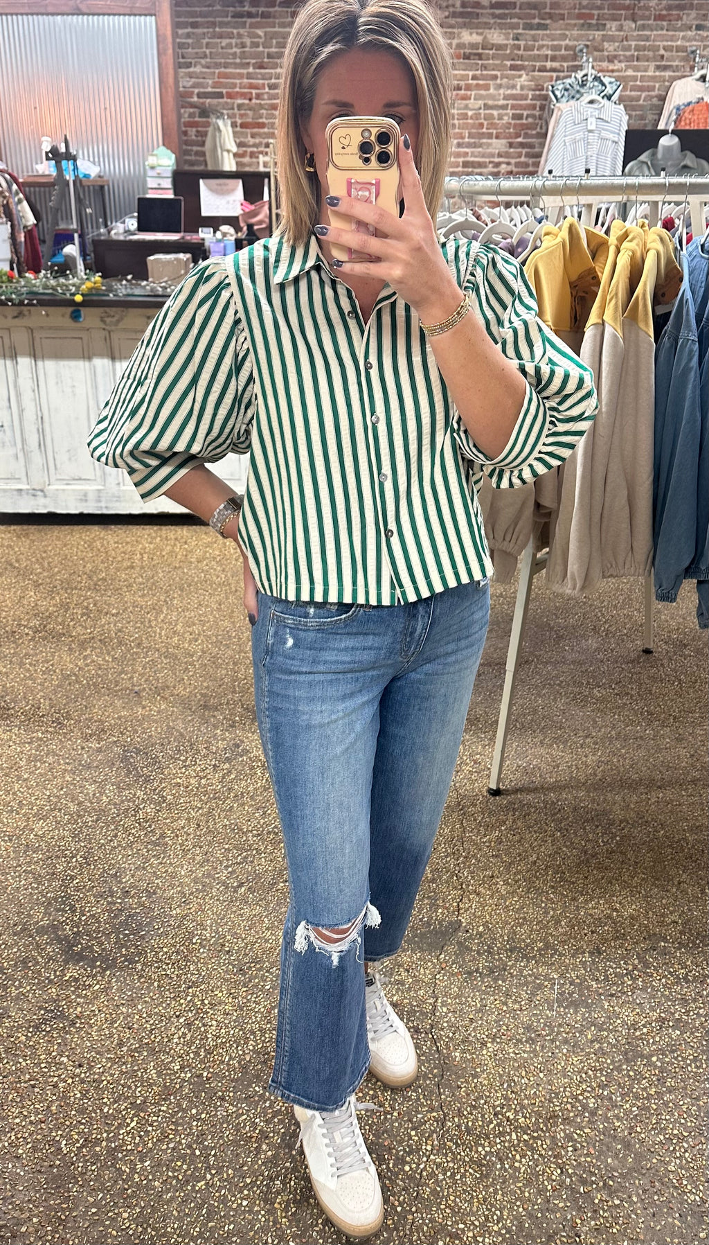 GIVE IN TO YOU TOP - GREEN/CREAM