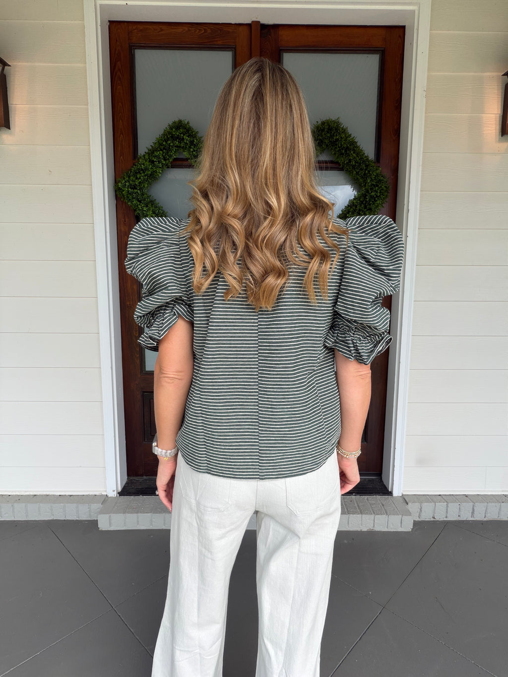 Ruched And Ruffle Puff Sleeve Stripe Knit Top - Hunter Green