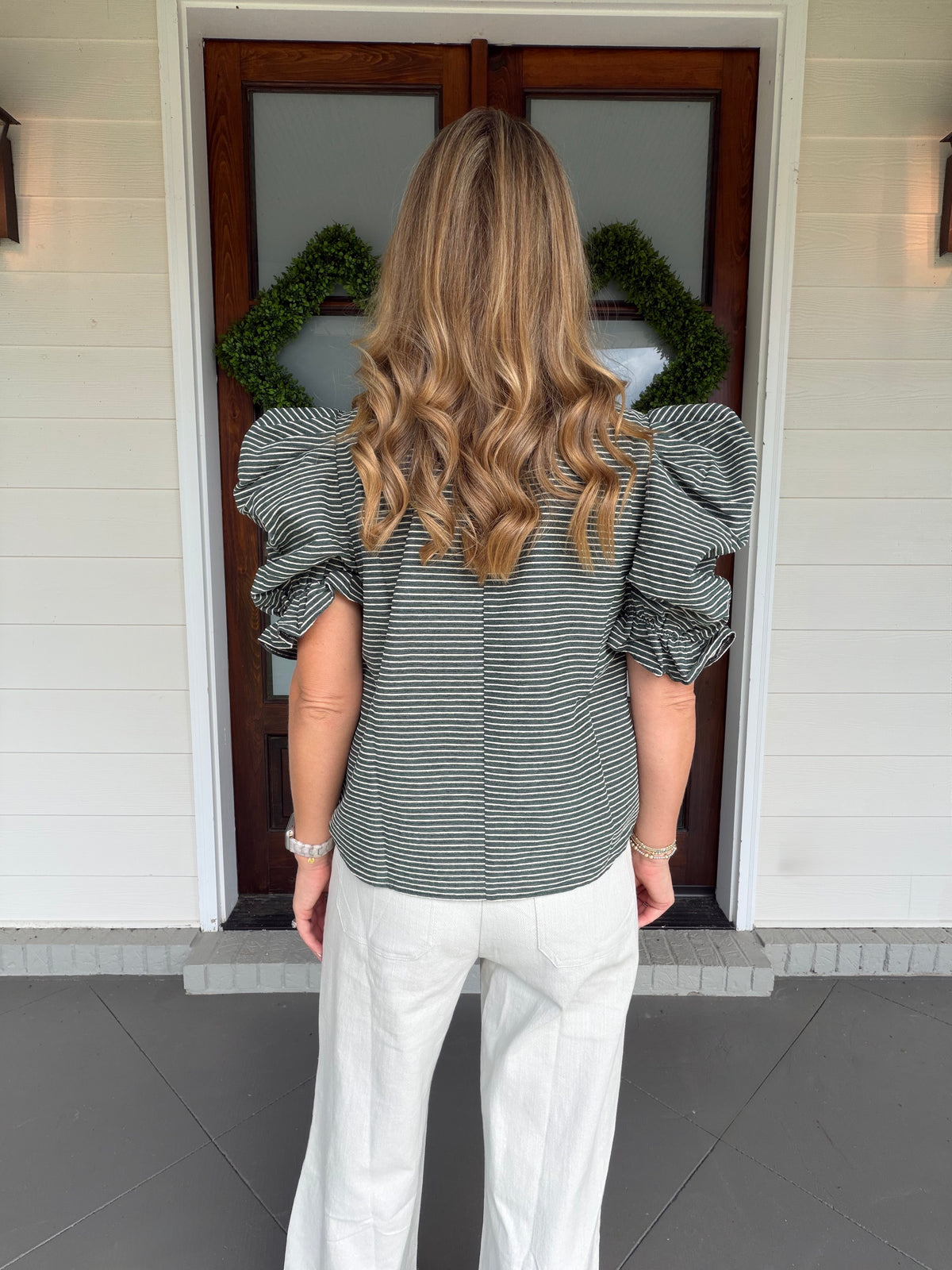 Ruched And Ruffle Puff Sleeve Stripe Knit Top - Hunter Green