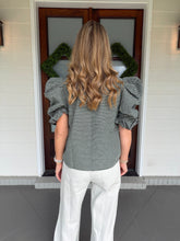 Load image into Gallery viewer, Ruched And Ruffle Puff Sleeve Stripe Knit Top - Hunter Green
