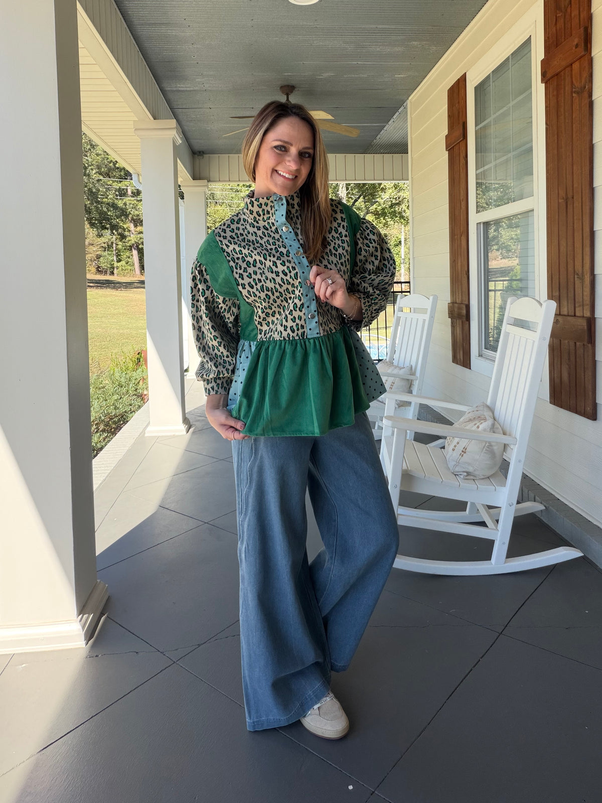Multi Print Mixed Snap Button Down Peplum Top