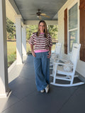 Striped sweatshirt round neck bubble sleeve top - Burgundy/Pink