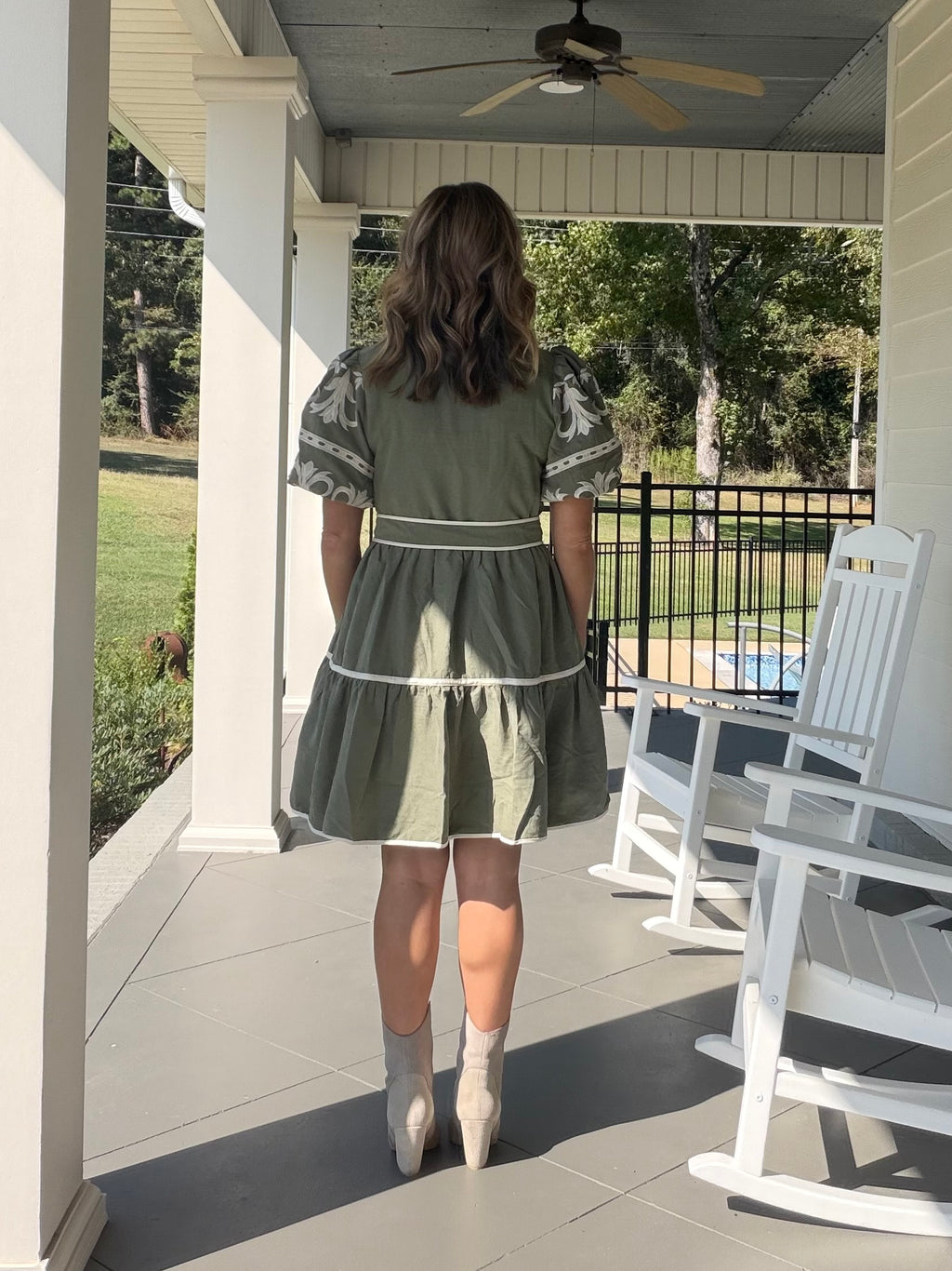 Embroidered Tiered Dress with TIe -Ash Olive