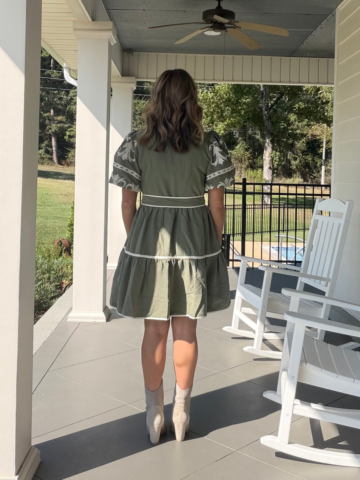 Embroidered Tiered Dress with TIe -Ash Olive