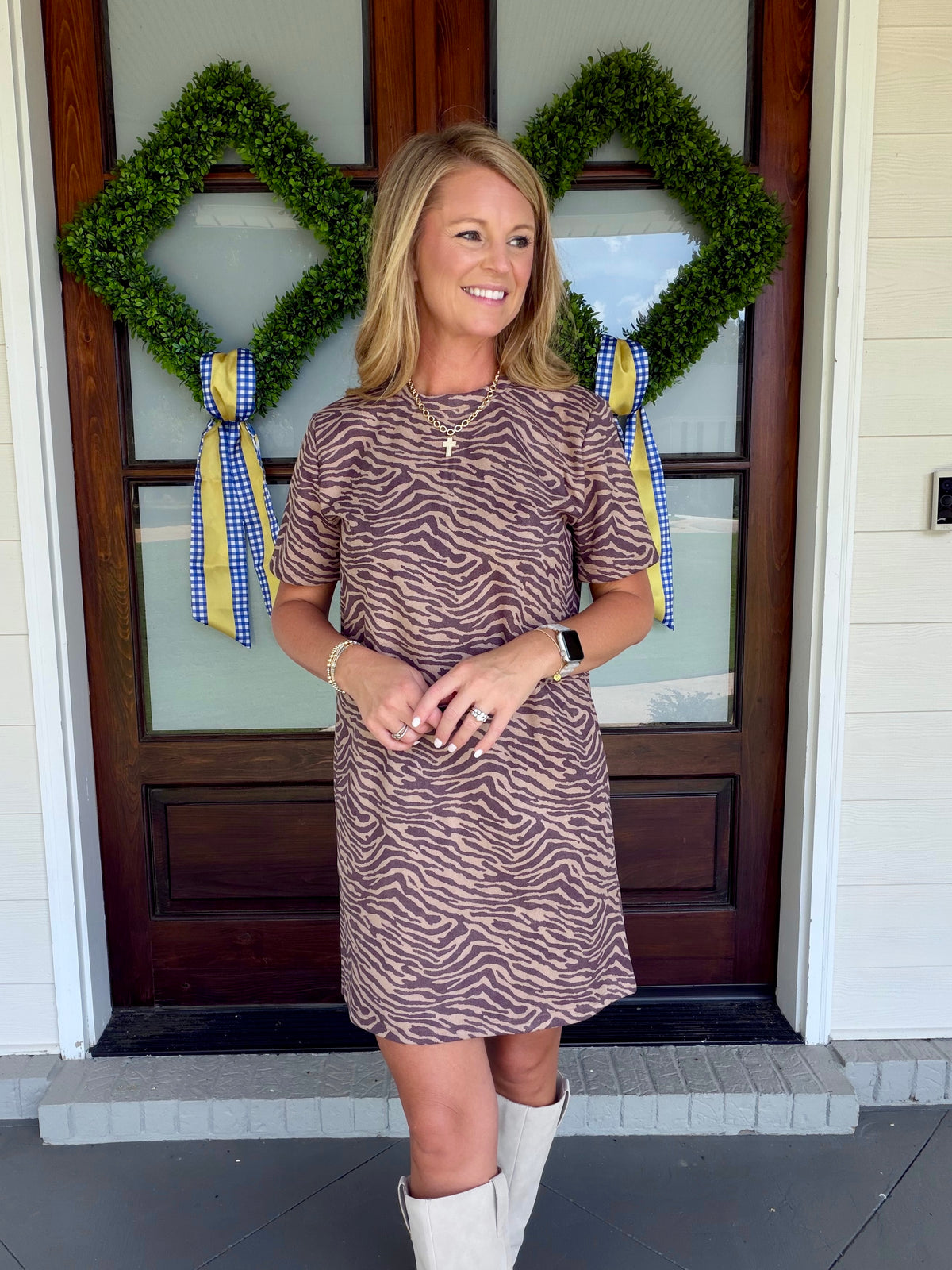 Animal print faux suede shift dress - Taupe