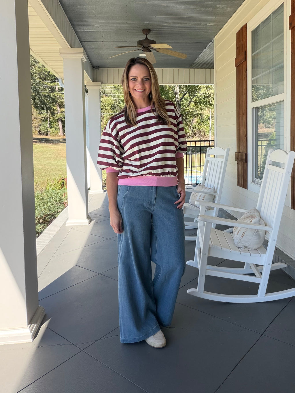 Striped sweatshirt round neck bubble sleeve top - Burgundy/Pink