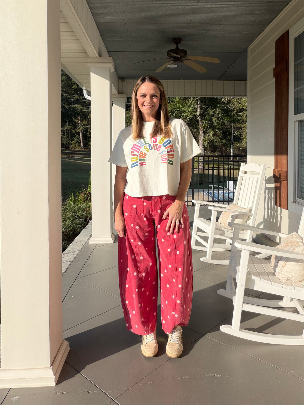 Polka dot printed denim barrel jean - Red